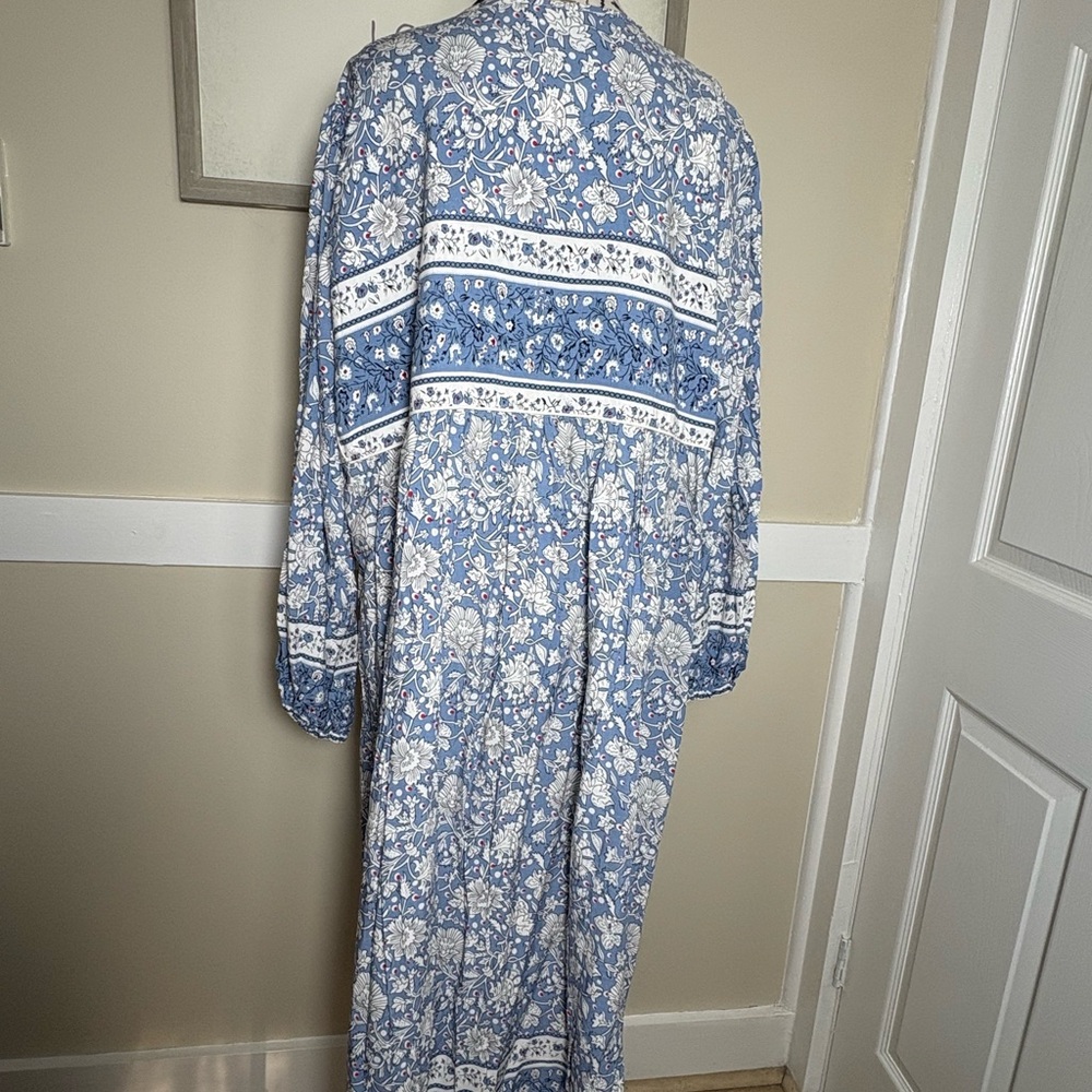 Blue Floral Maxi Dress XXL Cottagecore Tassel Tie Peasant Dress Flowy Romantic - Picture 6 of 8